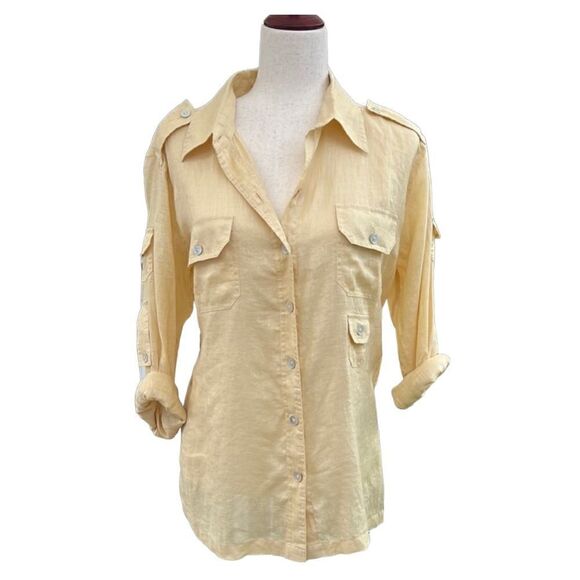 Chico’s Women’s 12 Medium 100% Linen yellow Button up Shirt Top Blouse - Picture 1 of 12